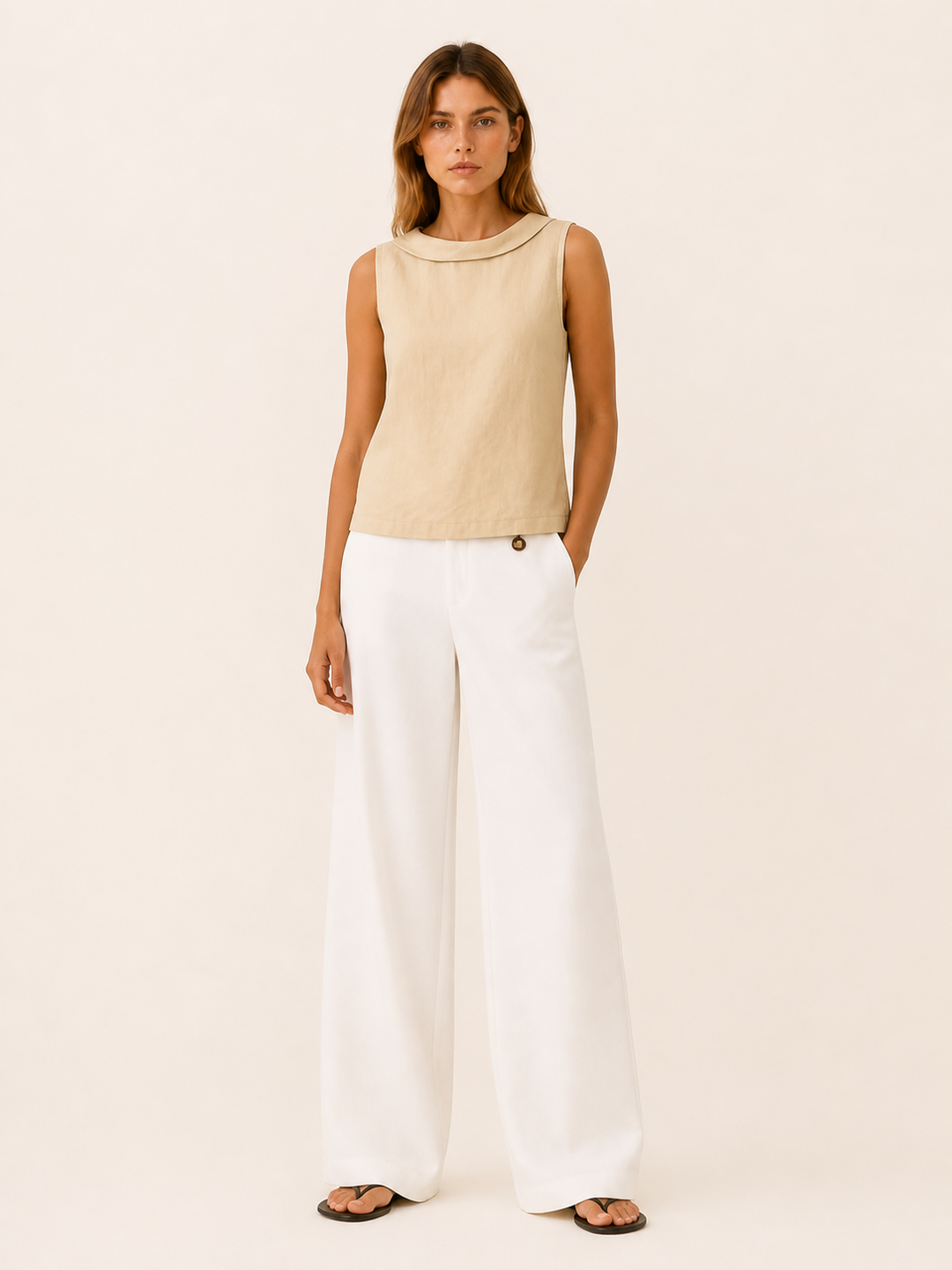 Beige Sleeveless Top with Roll Collar Linen Blend – detail view
