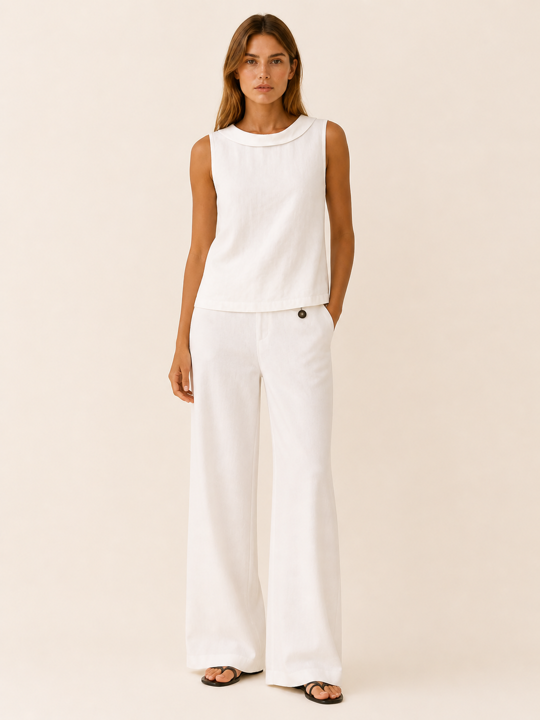 Beige Sleeveless Top with Roll Collar Linen Blend – lifestyle