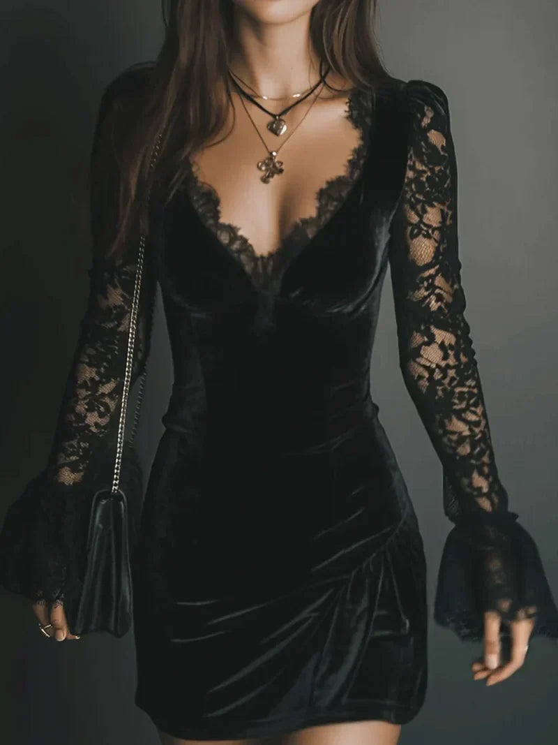 Aria black velvet and lace mini dress – front view