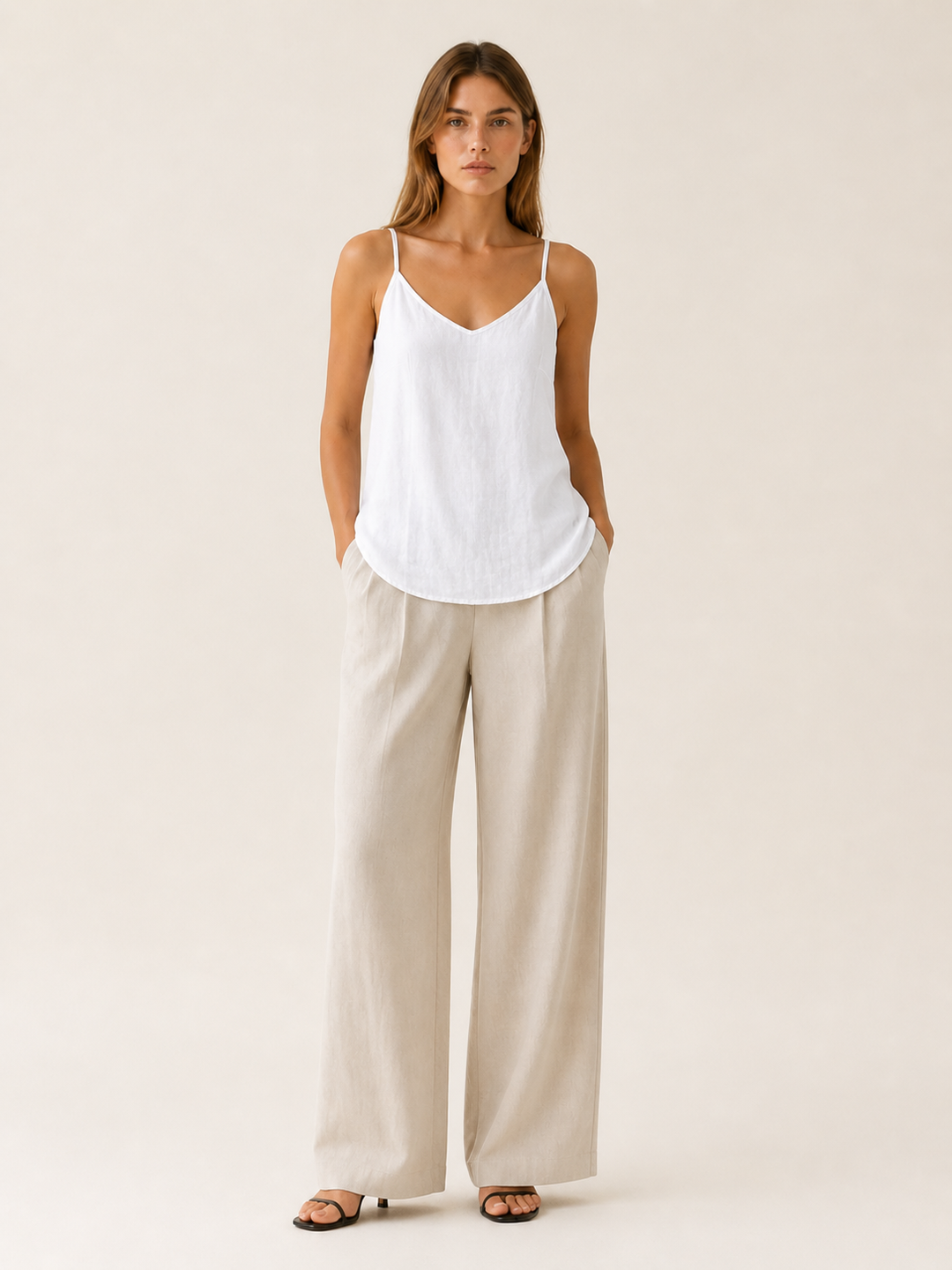White Linen Cami Top with Spaghetti Straps – front view