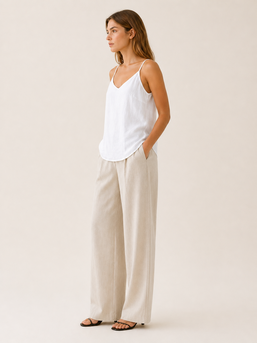 Green Linen Cami Top with Spaghetti Straps – side view