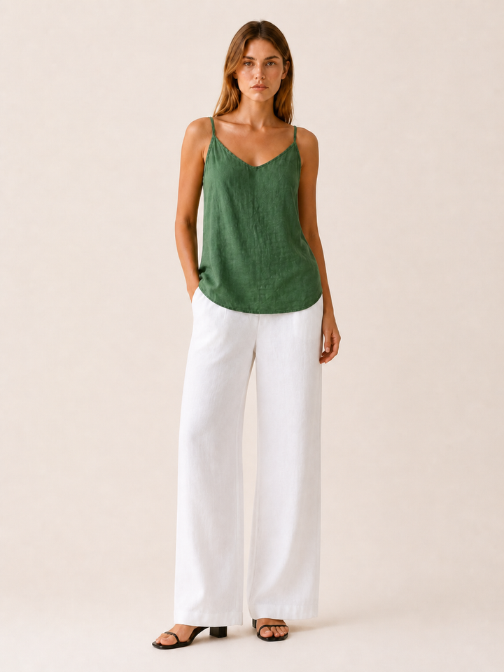 Green Linen Cami Top with Spaghetti Straps – detail view