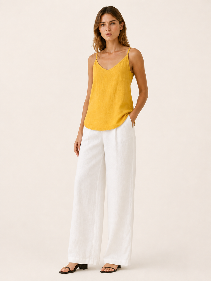 White Linen Cami Top with Spaghetti Straps – close-up