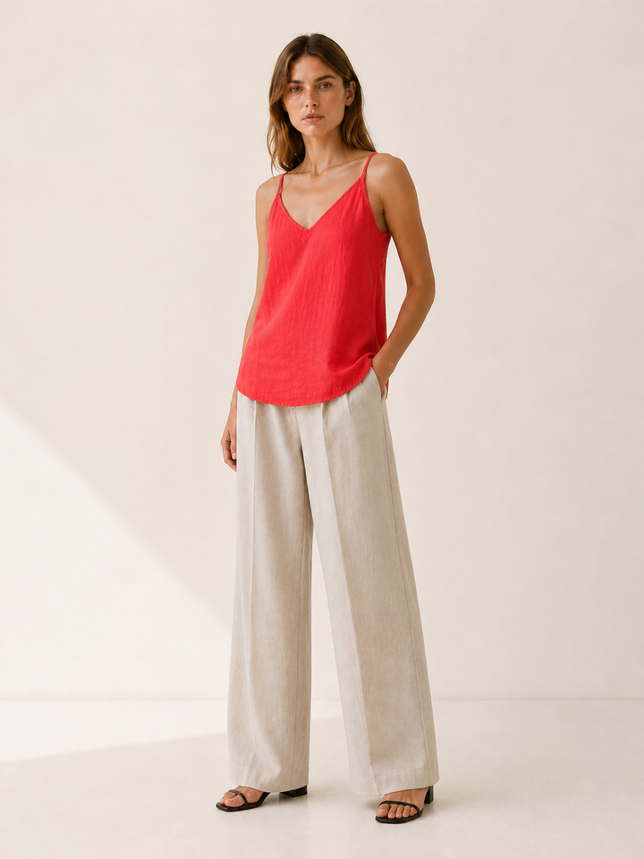 Green Linen Cami Top with Spaghetti Straps – lifestyle