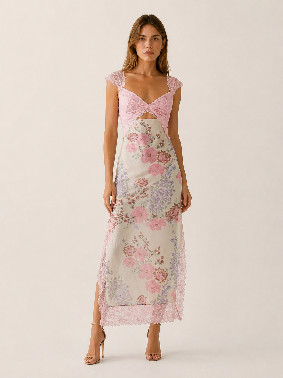 Light Pink Floral Maxi Dress with Lace Bodice and Side Slit – front view