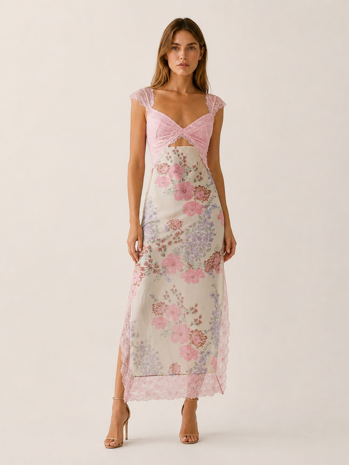 Light Pink Floral Maxi Dress with Lace Bodice and Side Slit – front view