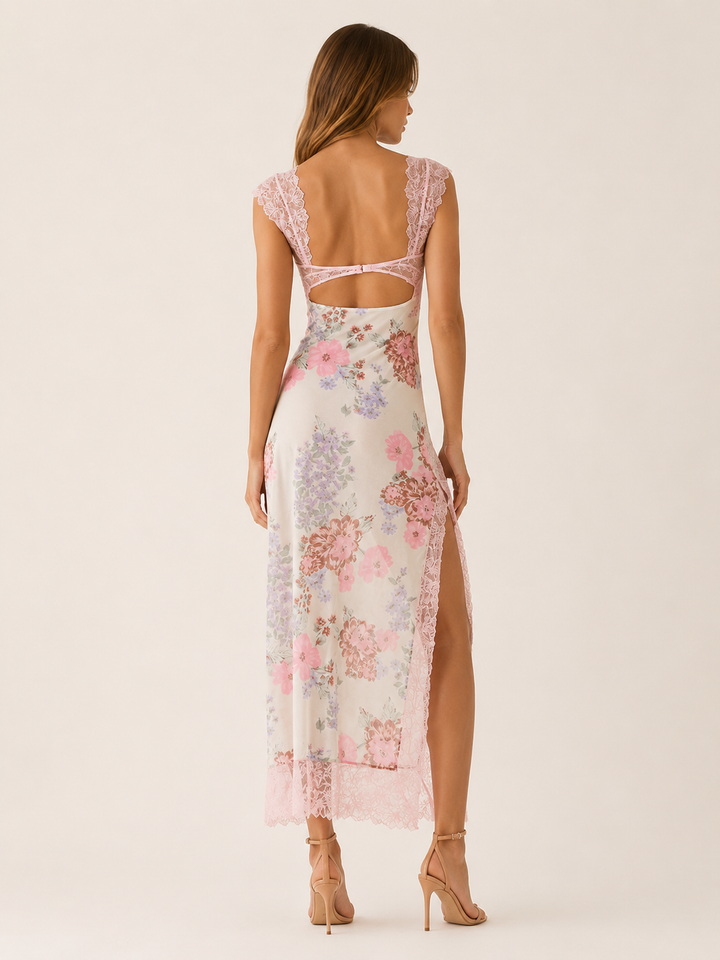 Light Pink Floral Maxi Dress with Lace Bodice and Side Slit – back view