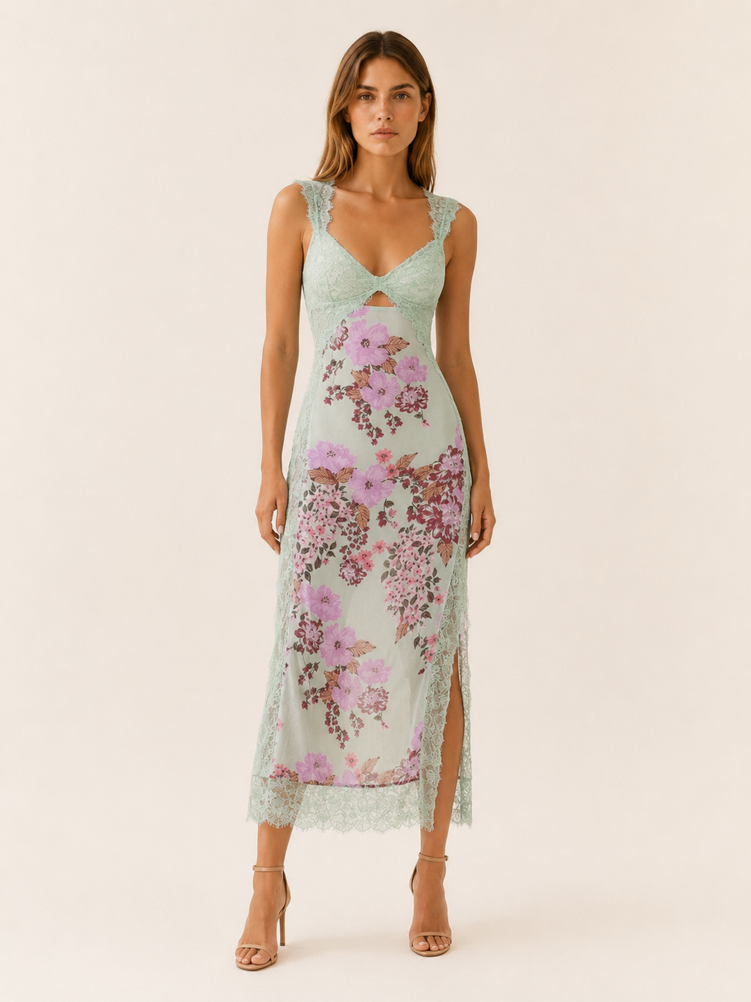 Light Pink Floral Maxi Dress with Lace Bodice and Side Slit – lifestyle