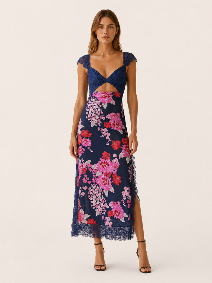 Light Pink Floral Maxi Dress with Lace Bodice and Side Slit – full length view