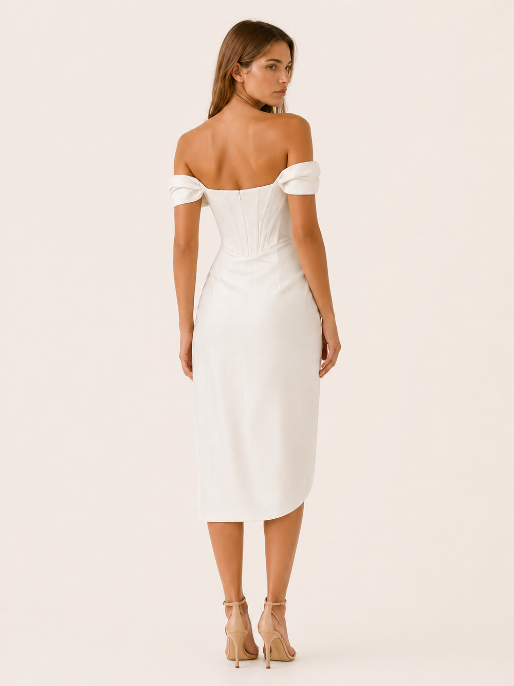White Off Shoulder Corset Midi Dress with Slit – side view