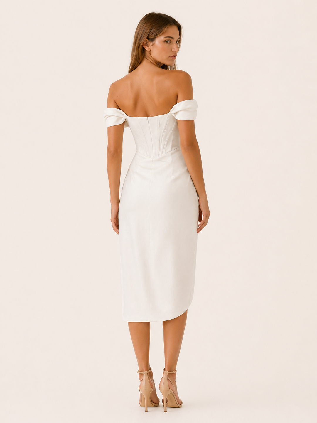 White Off Shoulder Corset Midi Dress with Slit – side view