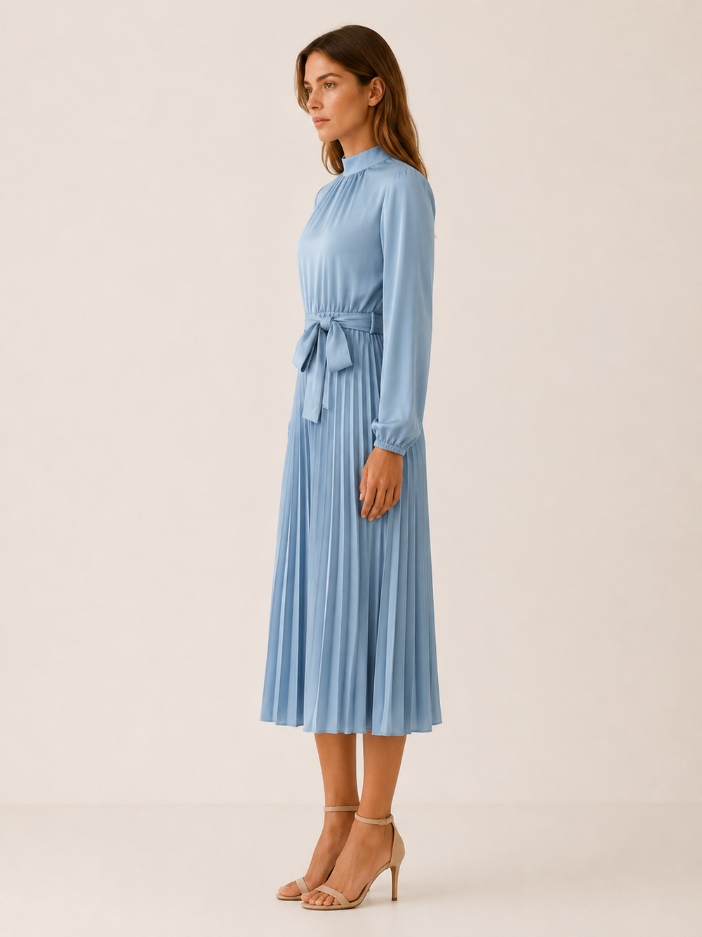 Green Pleated Midi Dress with Long Sleeves and Tie Waist – side view