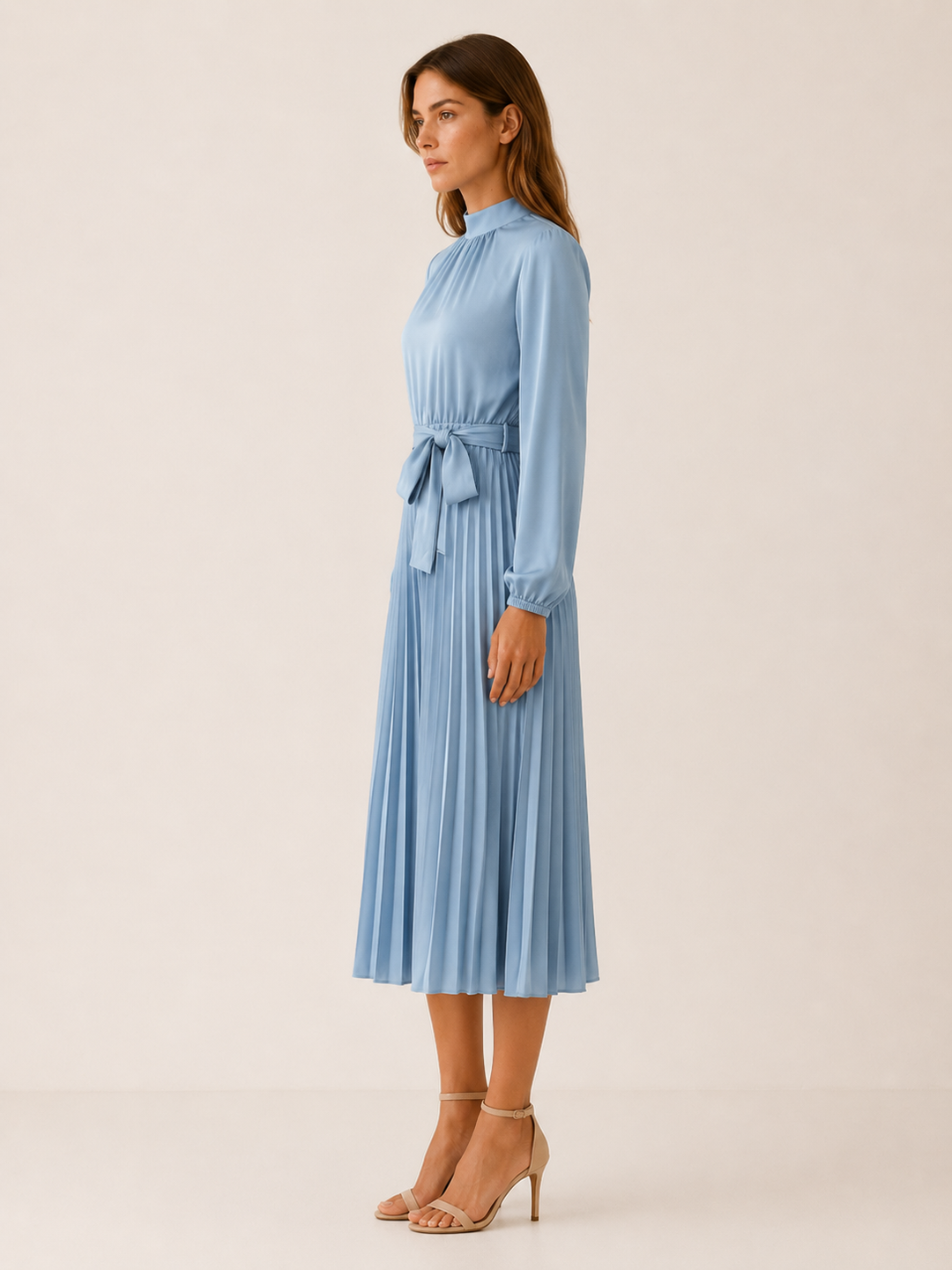 Green Pleated Midi Dress with Long Sleeves and Tie Waist – side view