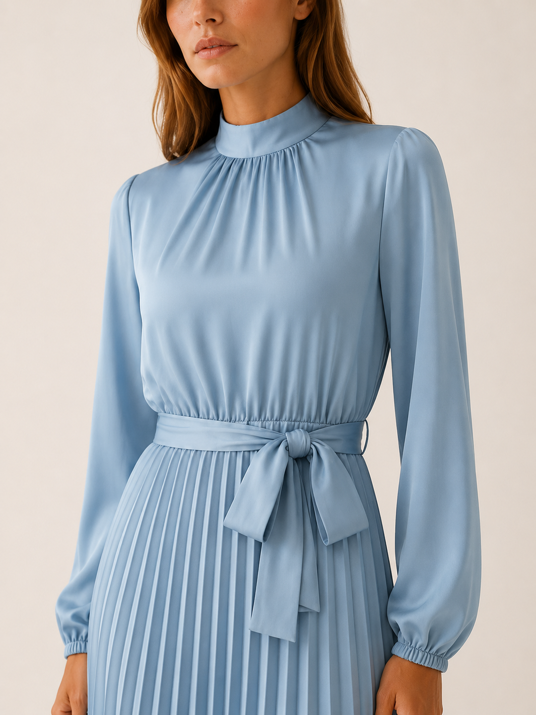 Light Blue Pleated Midi Dress with Long Sleeves and Tie Waist – detail view