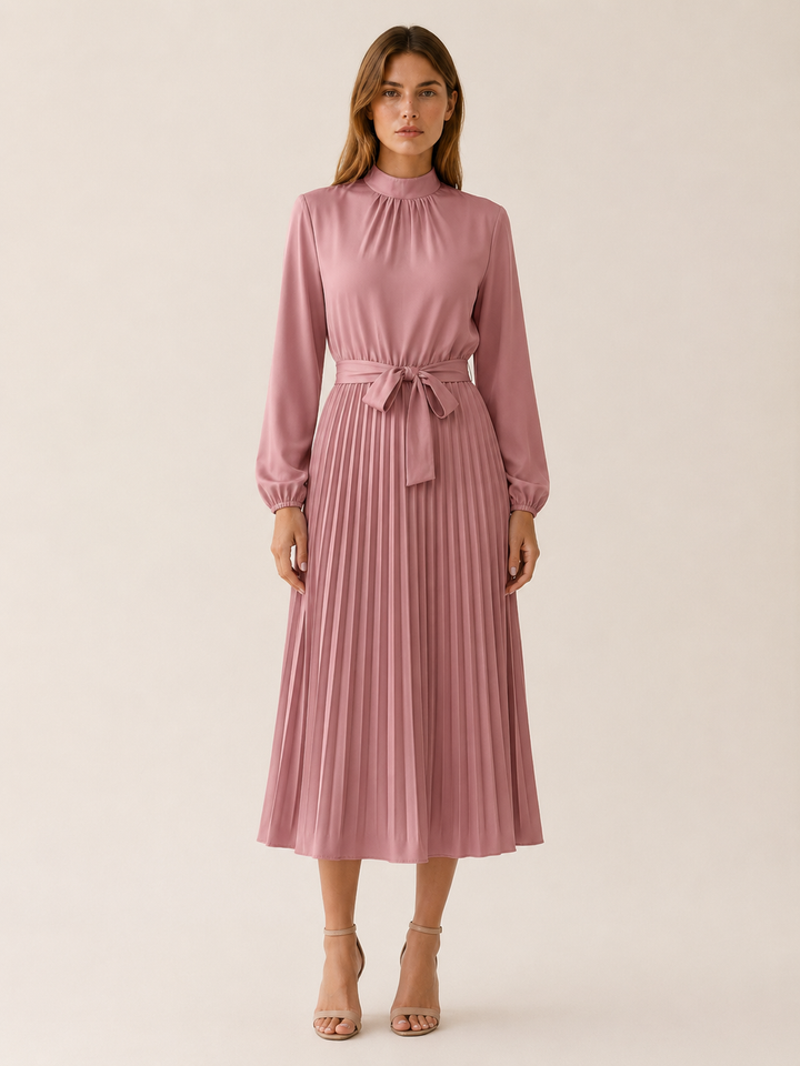 Green Pleated Midi Dress with Long Sleeves and Tie Waist – angled view