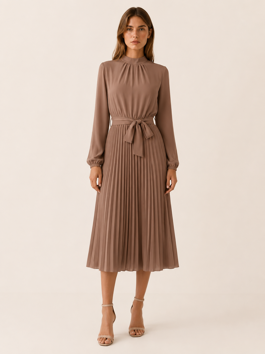 Burgundy Pleated Midi Dress with Long Sleeves and Tie Waist – model view