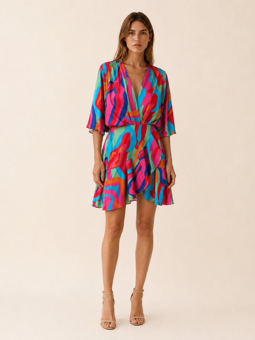 Multicoloured Printed Mini Dress with Batwing Sleeves – front view