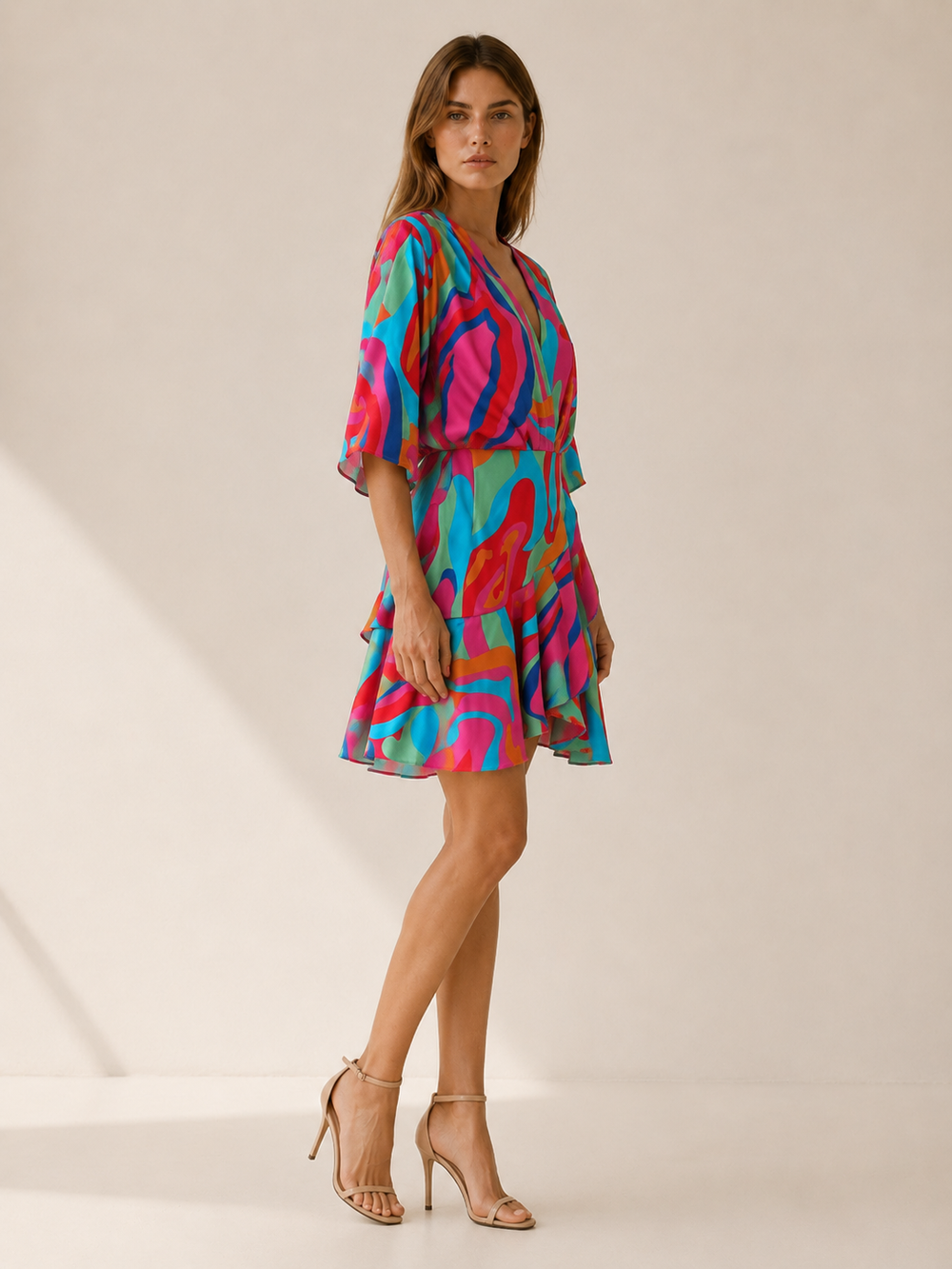 Multicoloured Printed Mini Dress with Batwing Sleeves – side view