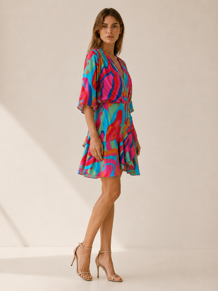 Multicoloured Printed Mini Dress with Batwing Sleeves – side view