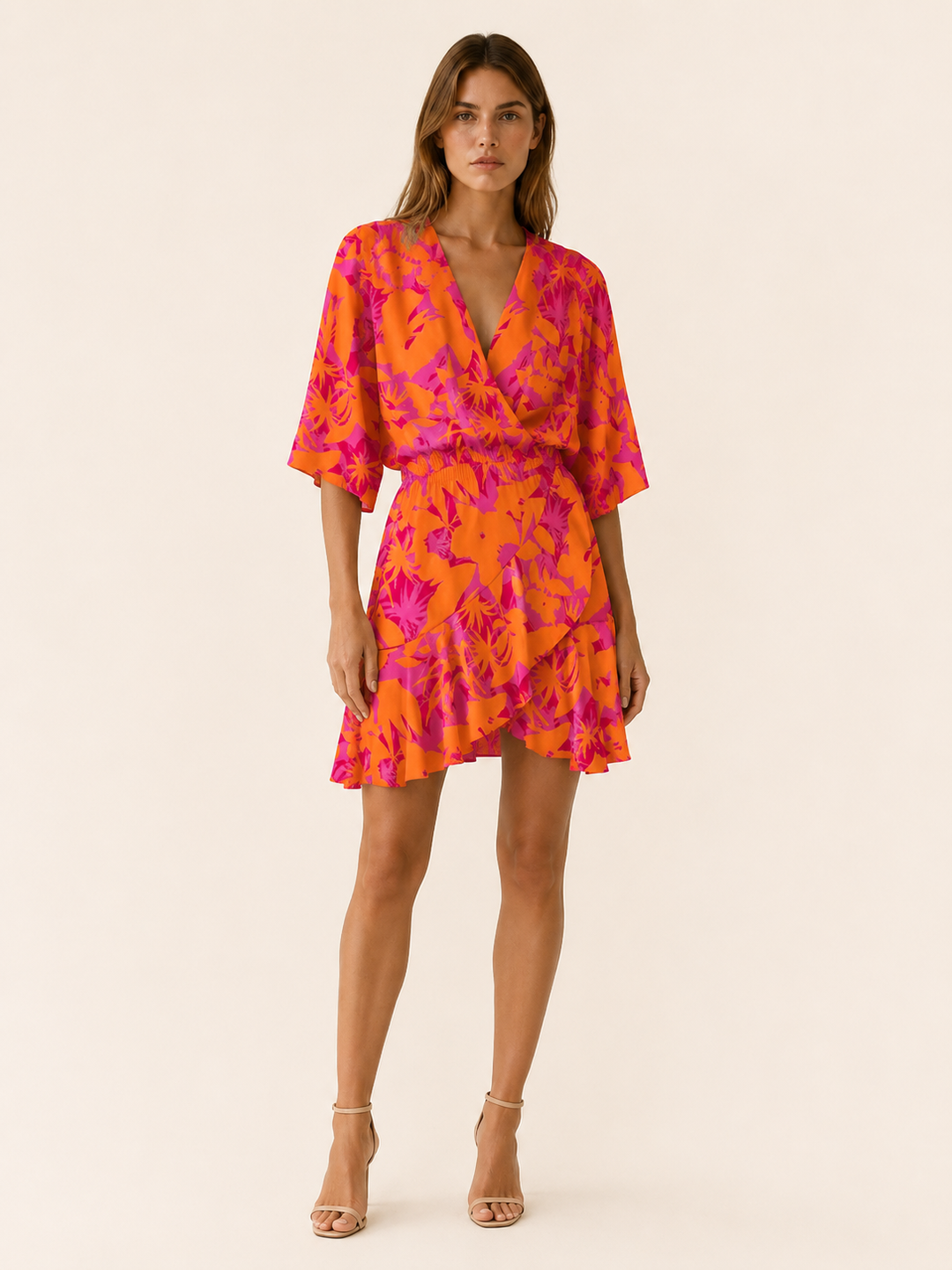 Multicoloured Printed Mini Dress with Batwing Sleeves – model view