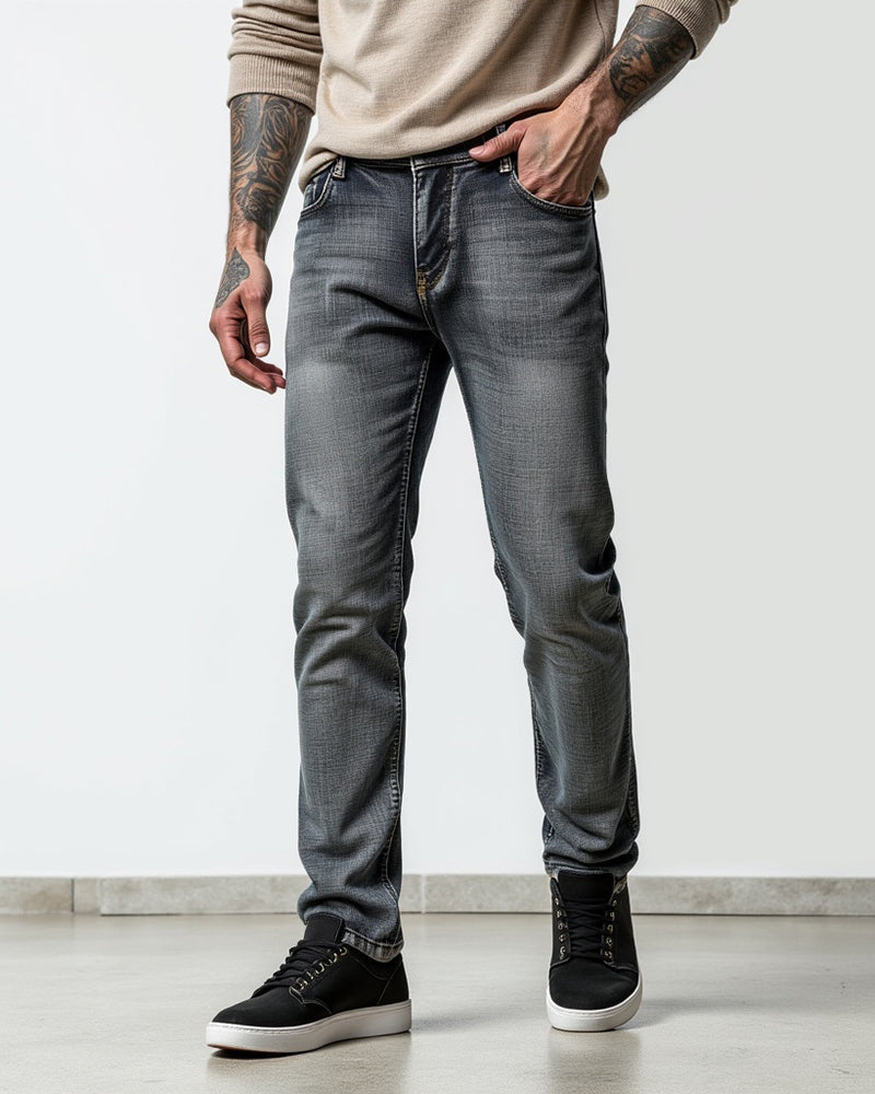 Avenue slim fit jeans in grey, front view on model