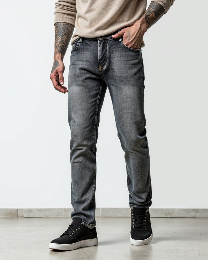 Avenue slim fit jeans in grey, front view on model