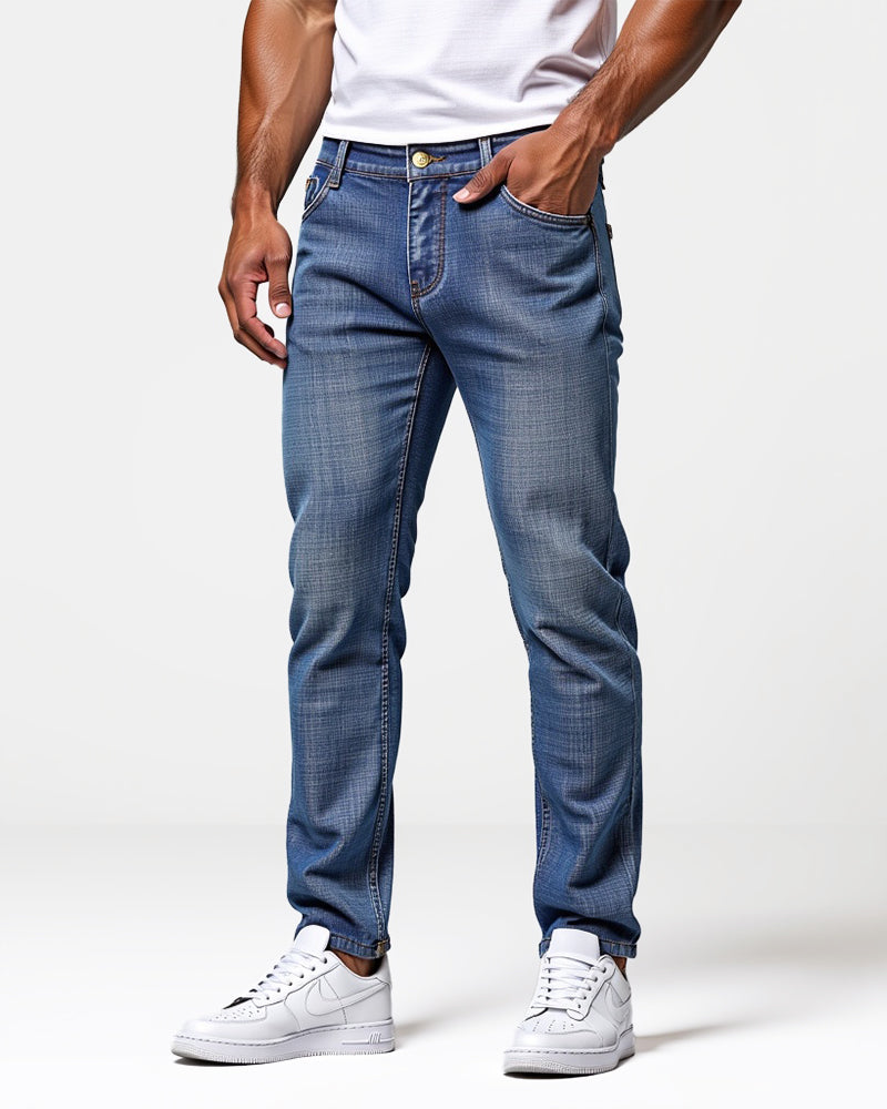 Avenue slim fit jeans in blue wash, front view on model