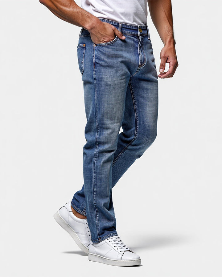 Avenue slim fit jeans in blue wash, side view