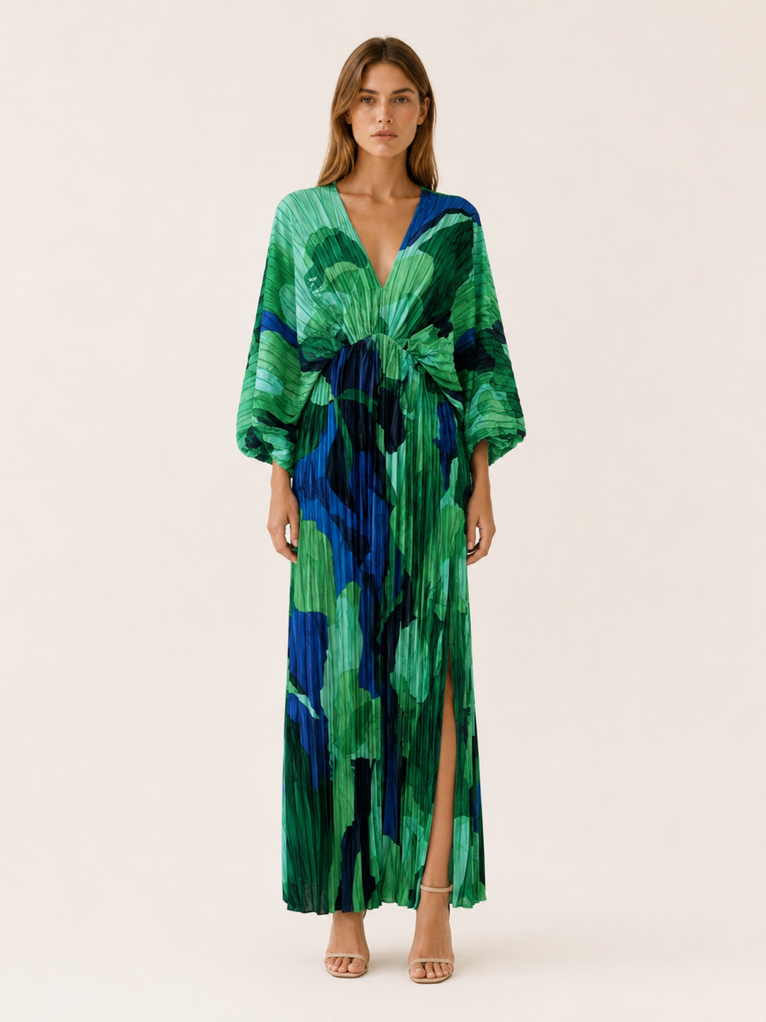 Green Printed Maxi Dress with V Neck and Pleated Finish – front view