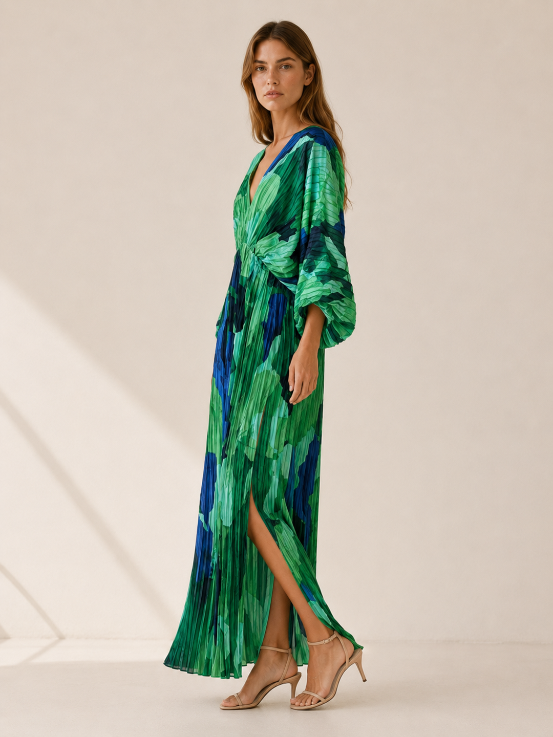 Green Printed Maxi Dress with V Neck and Pleated Finish – side view