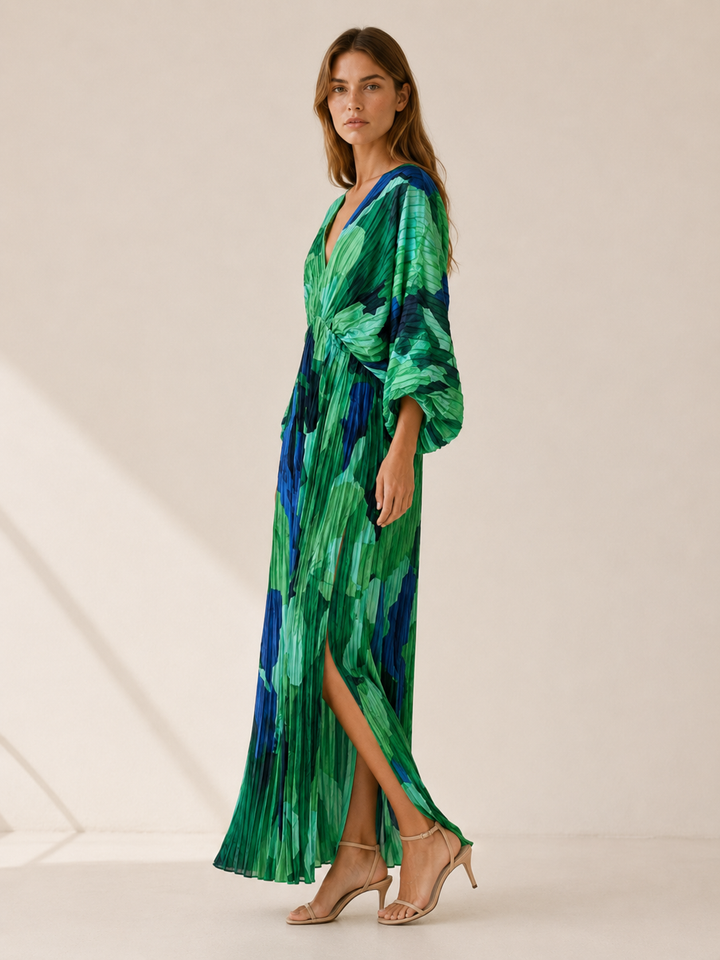 Green Printed Maxi Dress with V Neck and Pleated Finish – side view