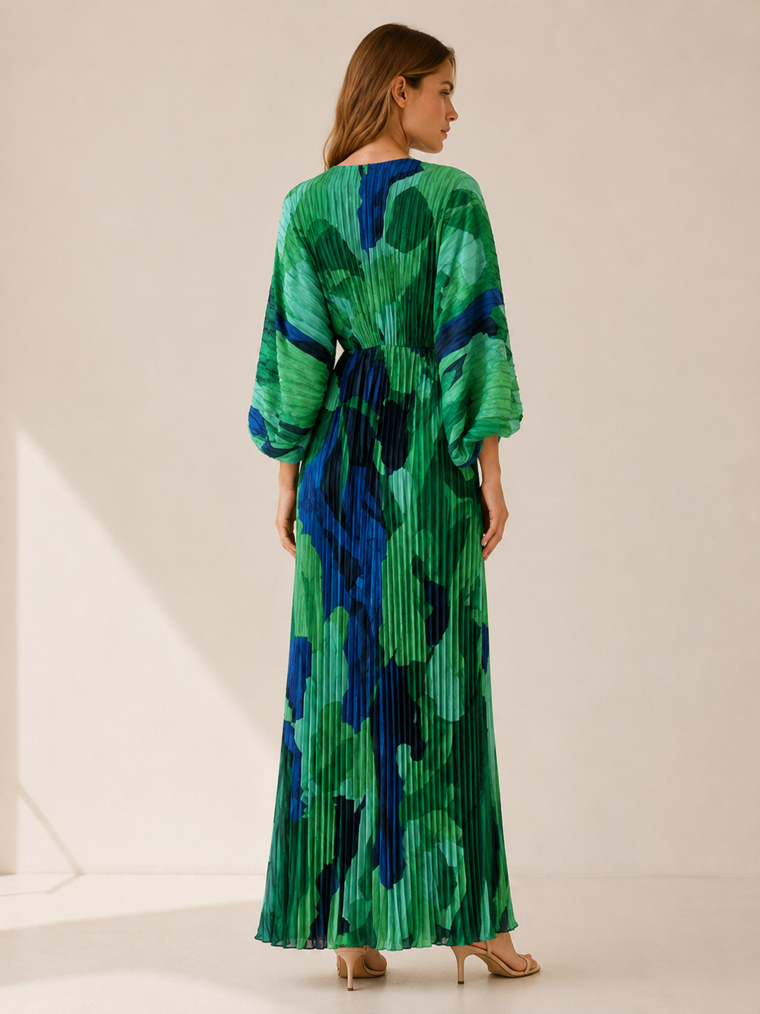 Green Printed Maxi Dress with V Neck and Pleated Finish – back view