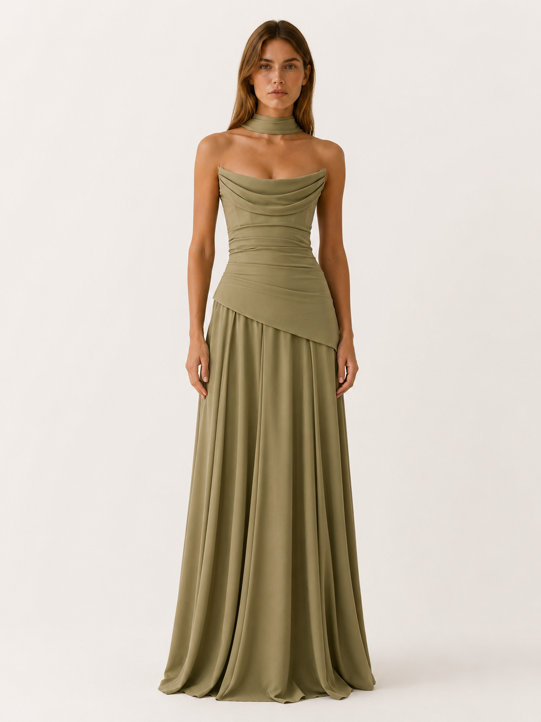 Sage Green Strapless Maxi Dress with Drape Detail – front view
