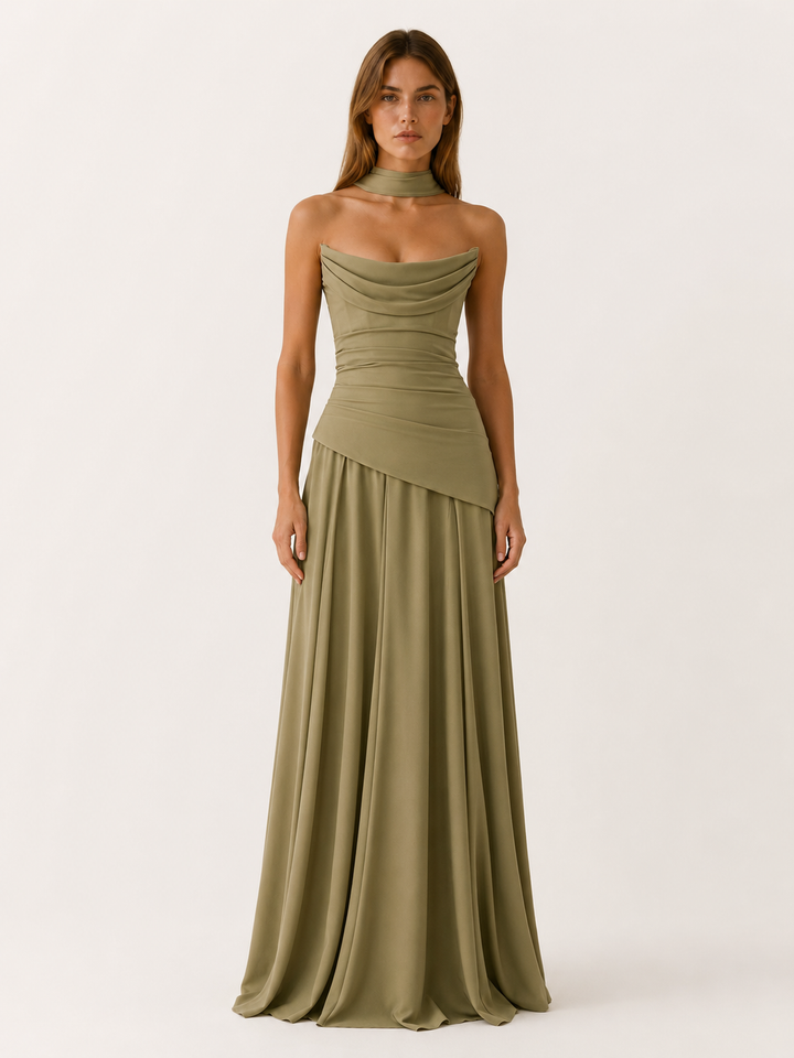 Sage Green Strapless Maxi Dress with Drape Detail – front view
