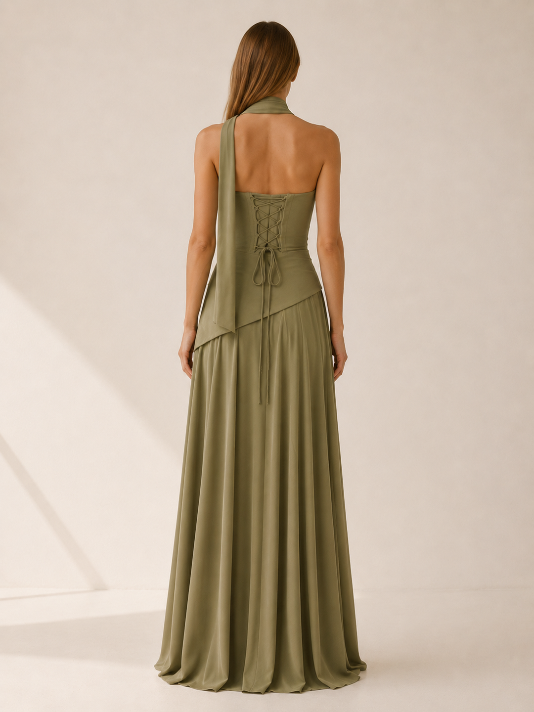 Sage Green Strapless Maxi Dress with Drape Detail – back view
