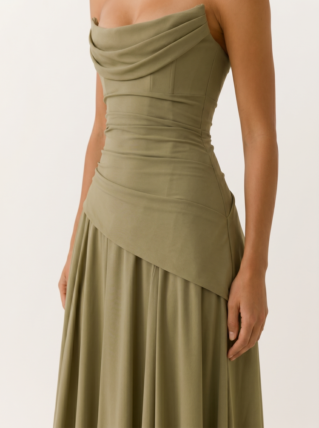 Sage Green Strapless Maxi Dress with Drape Detail – detail view