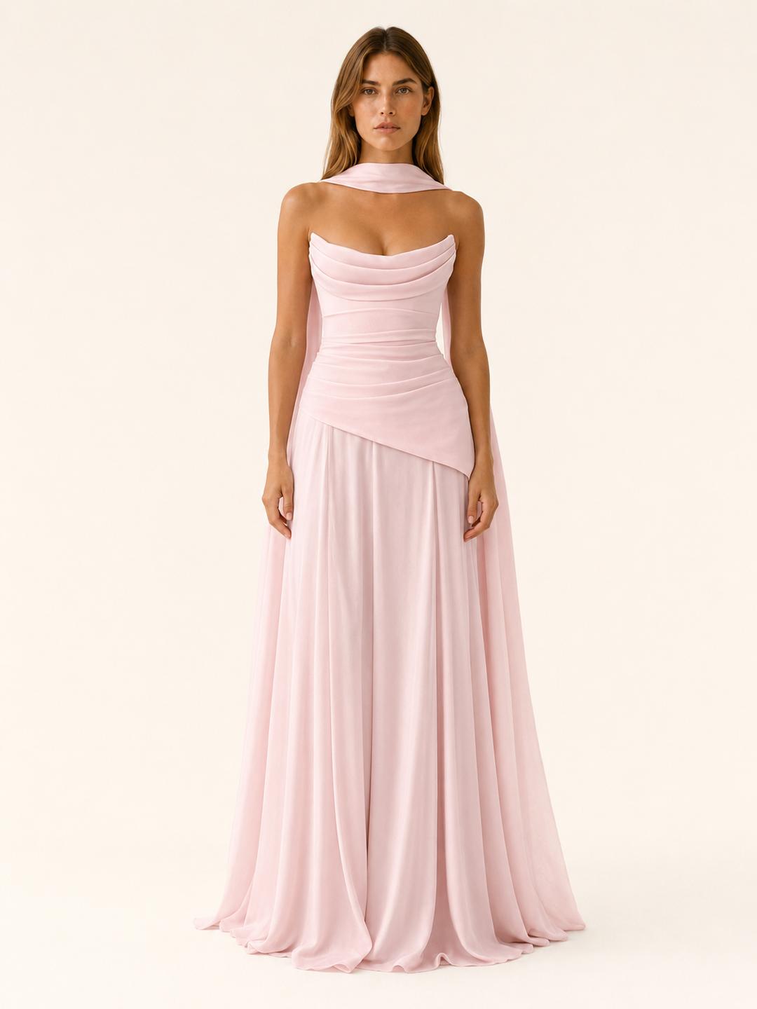 Sage Green Strapless Maxi Dress with Drape Detail – full length view