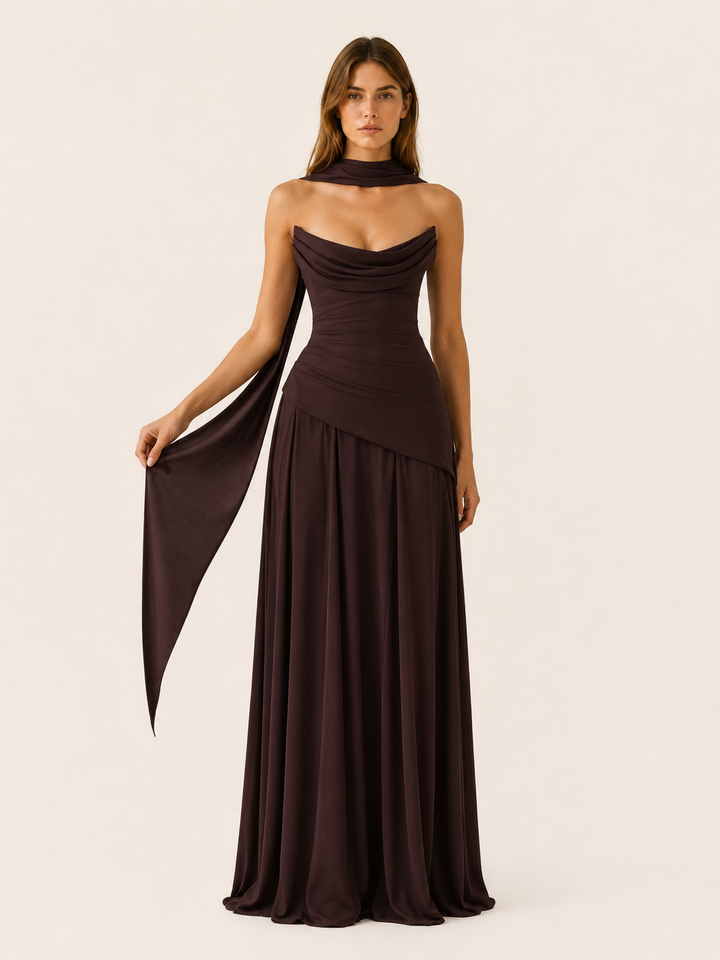 Sage Green Strapless Maxi Dress with Drape Detail – angled view
