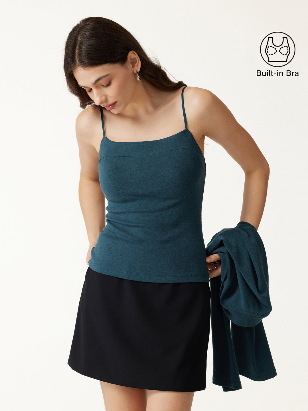 2-Piece Top Set LiteWarm Square Neck Spaghetti Strap Bell Sleeve Built-In Bra Cami 2.0