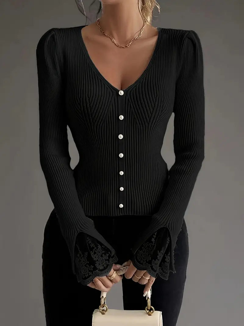 Skylar | Women's Ribbed Knit V-Neck Sweater with Pearl Buttons and Lace Cuffs