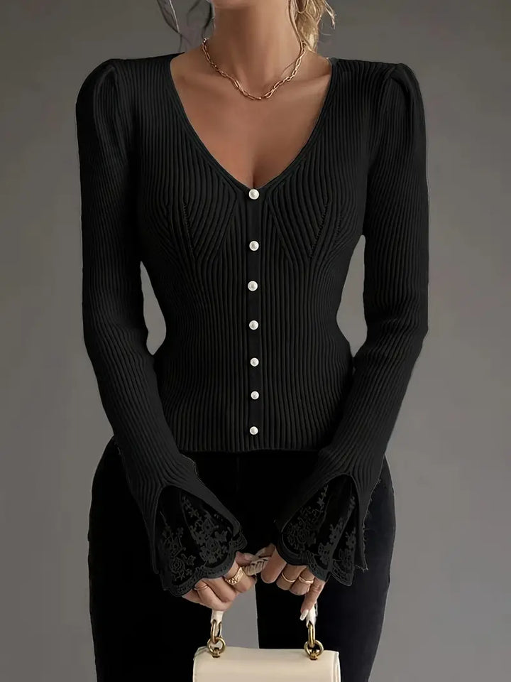 Skylar | Women's Ribbed Knit V-Neck Sweater with Pearl Buttons and Lace Cuffs