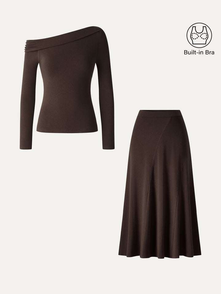 2Pcs Set LiteWarm Asymmetrical Built-In Bra Top 2.0 & High-Rise A-Line Midi Skirt
