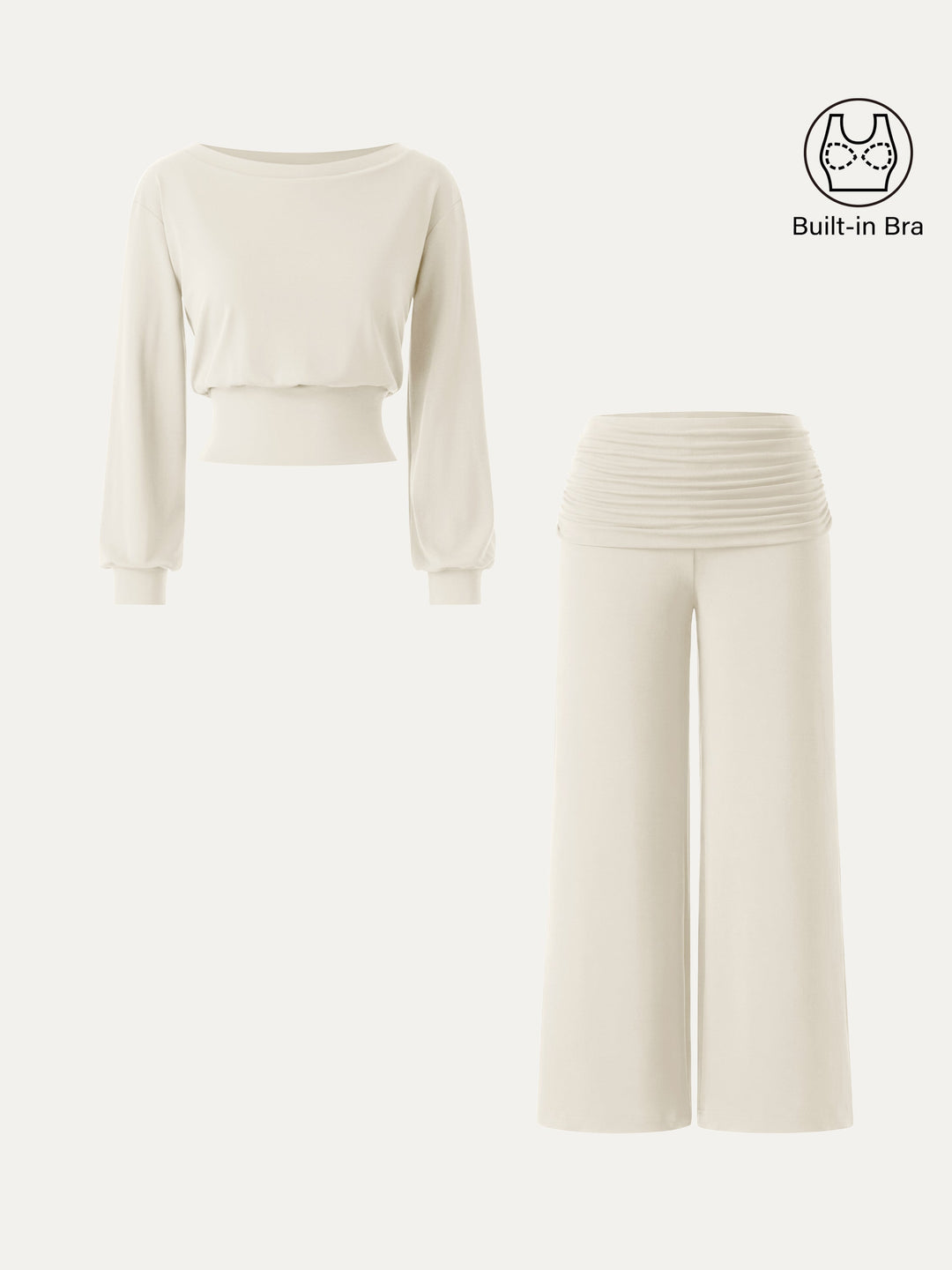 2Pcs Set Boatneck Built-In Bra Top 2.0 & Drapey Wide Leg Pull-on Pants with Pockets