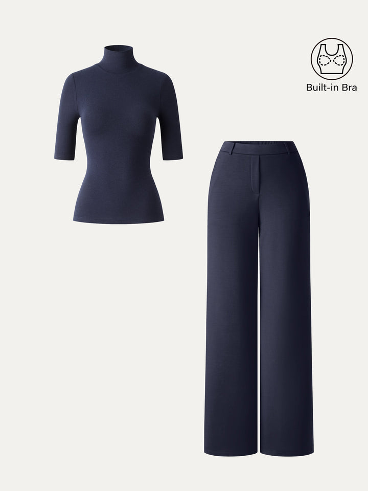 2Pcs Set LiteWarm Elbow Length Sleeve Built-In Bra Top 3.0 & High-Rise Wide Leg Pants