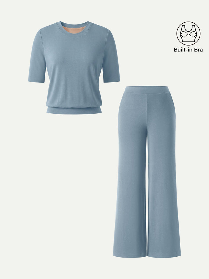 2Pcs Set Regular Mid Rise Wide Leg Pants & Crewneck Built-In Bra Top 2.0
