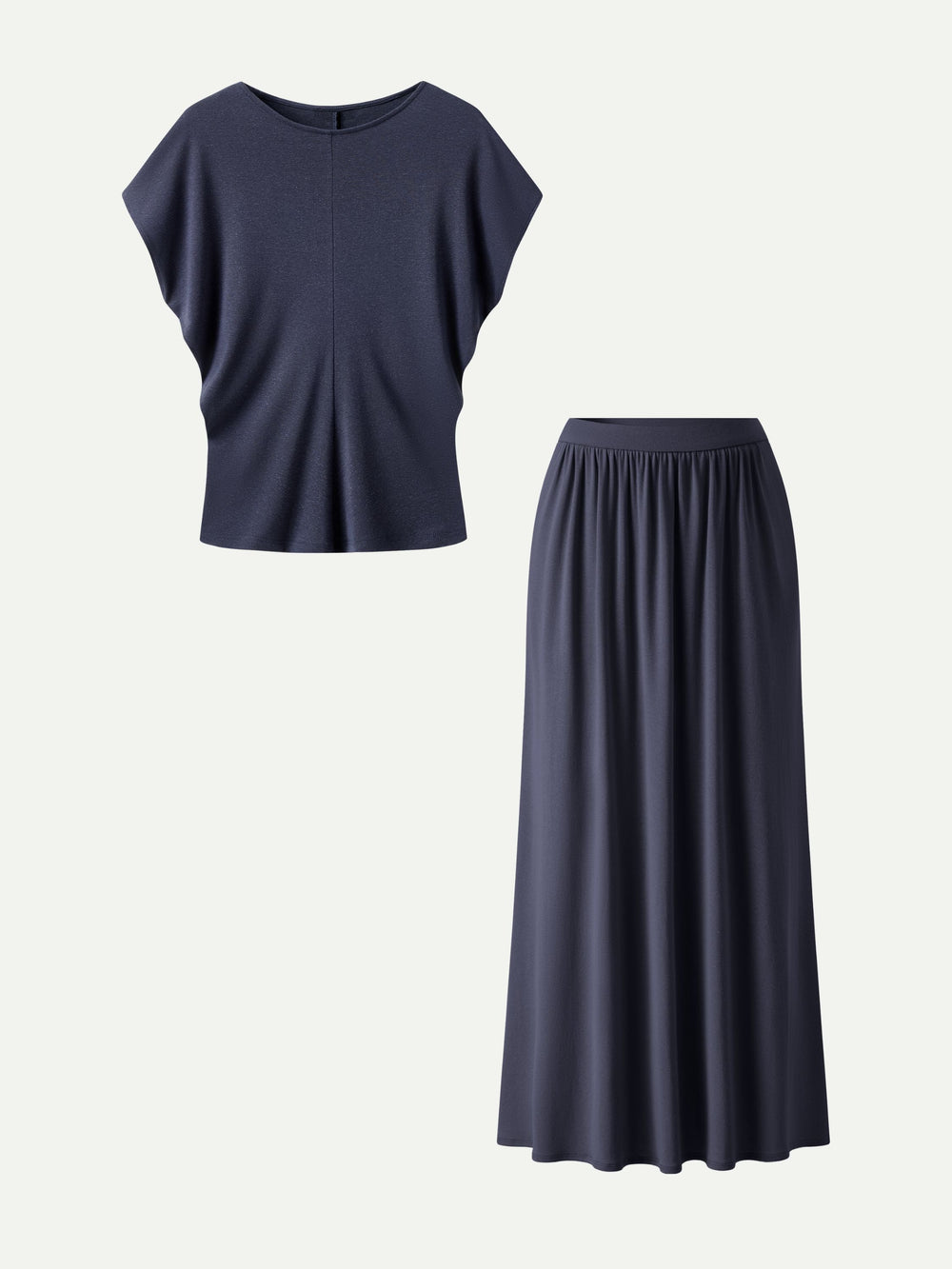 2Pcs Set Round Neck Top & A-Line Maxi Skirt with Pockets — women's women > bundles&sets > bundles, back view