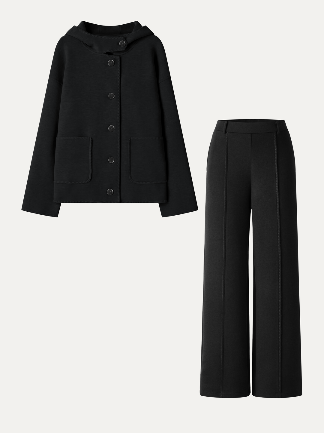 2Pcs Set Hooded Long Sleeve Jacket with Pockets & Mid-Rise Wide-Leg Pants with Pockets