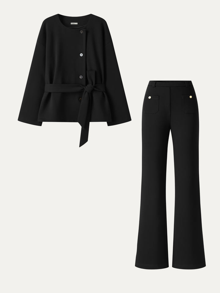 2Pcs Set Round Neck Long Sleeve Belted Jacket with Pockets & Mid-Rise Flared Pants with Pockets