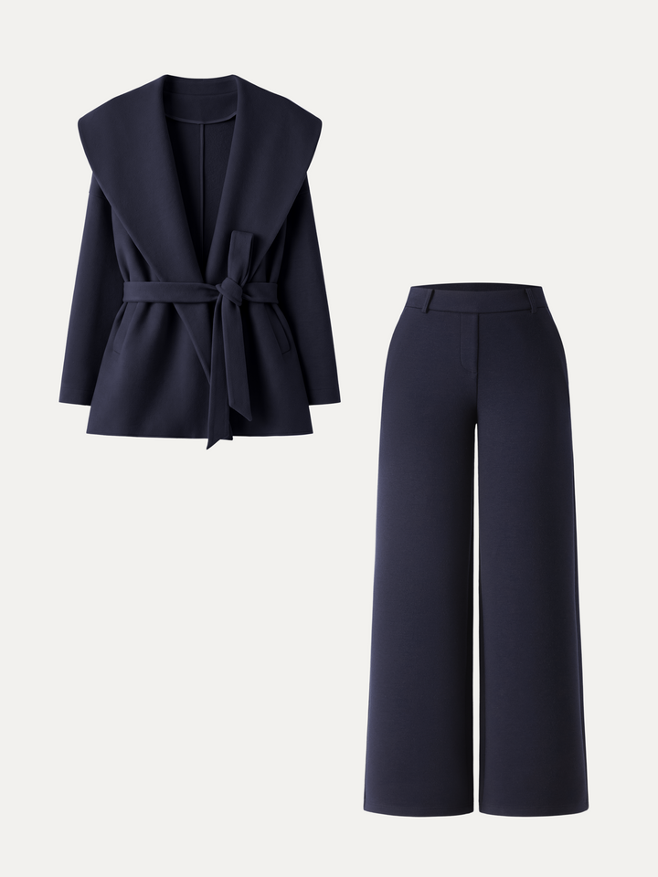 2Pcs Set Belted Shawl Collar Robe Jacket & Mid Rise Straight Pants with Pockets