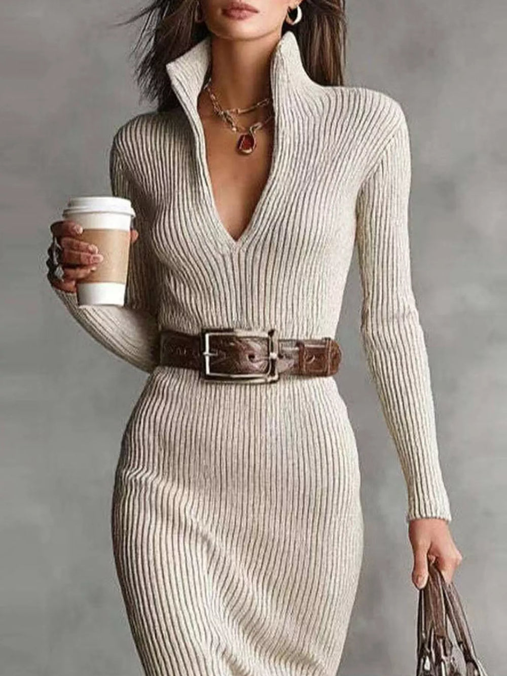 women's knit turtleneck midi sweater dress – apricot